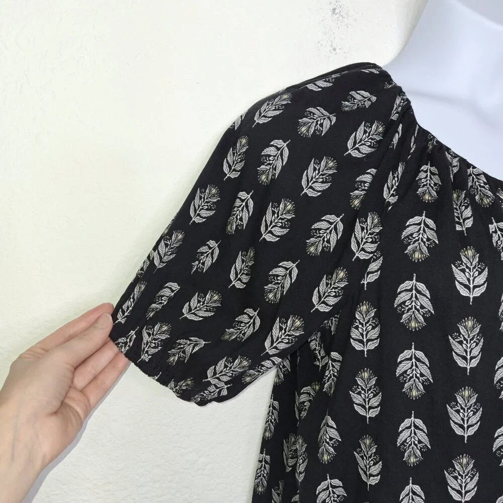 Old Navy Floral Blouse Sz L Puff Sleeve Flowy Tie Back Boho Coastal Neutral